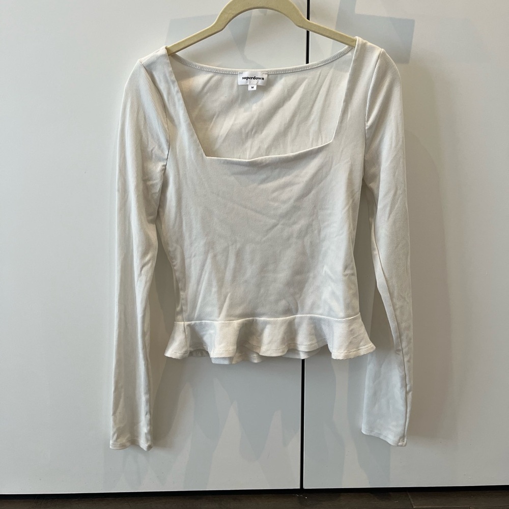 Superdown White Long Sleeve Ruffle Top